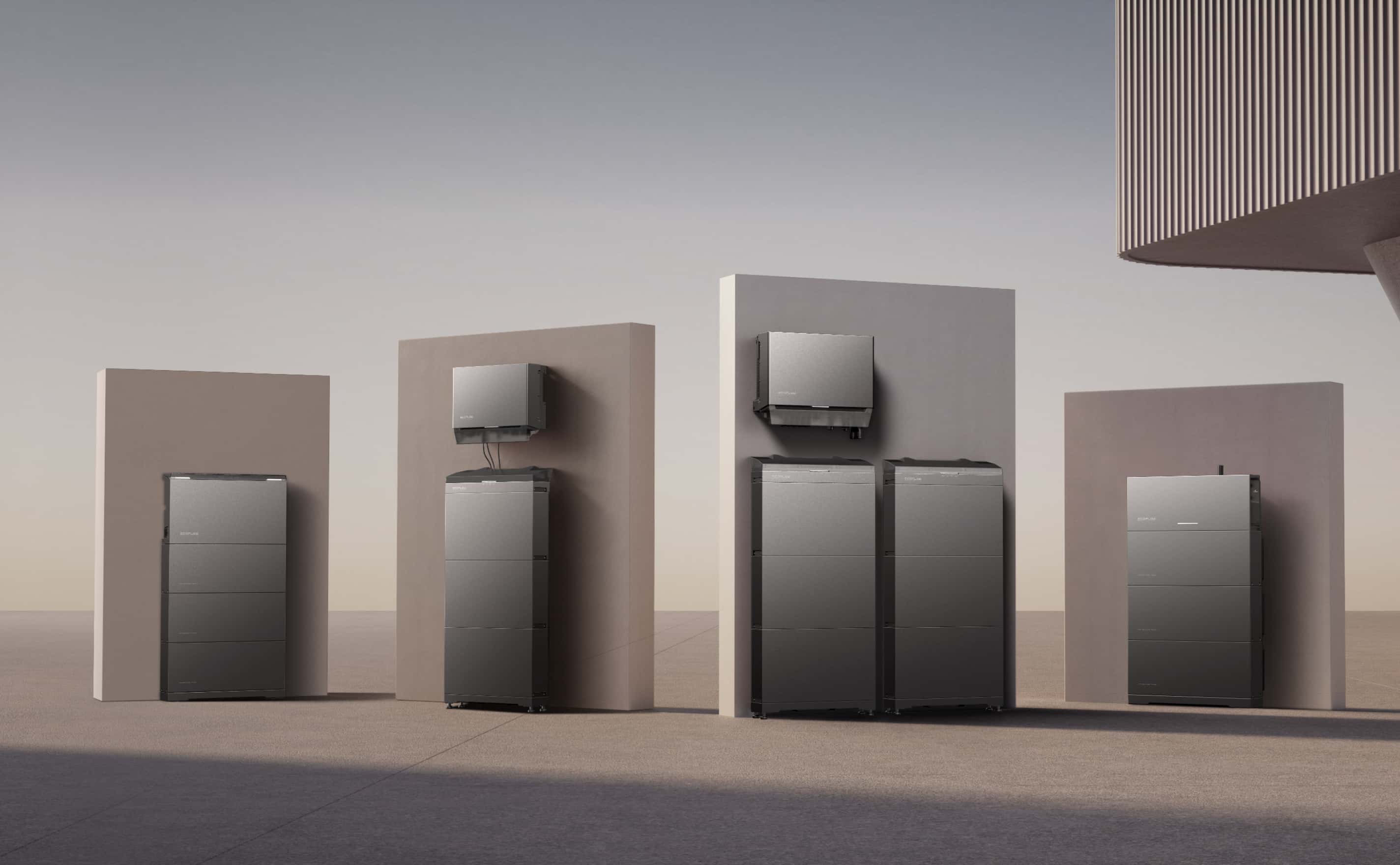 EcoFlow home battery storage systems displayed from left to right: PowerOcean Three-Phase, PowerOcean 2, PowerOcean Single-Phase, and PowerOcean Plus Three-Phase solar battery solutions for residential energy storage.